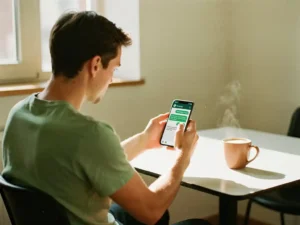 New employee reading onboarding instructions on WhatsApp at a break room table with a warm coffee cup nearby.