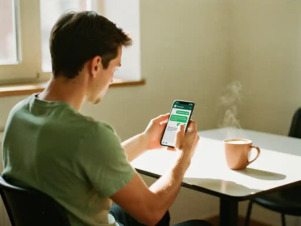 New employee reading onboarding instructions on WhatsApp at a break room table with a warm coffee cup nearby.