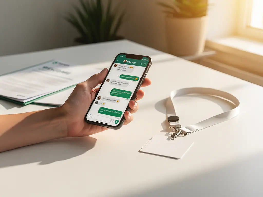 New employee holding a smartphone with WhatsApp open during onboarding, welcome packet and lanyard on a white desk in a modern office.