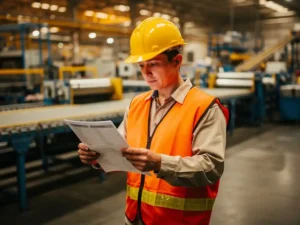 New employee in hard hat and safety vest reviewing laminated checklist on active production floor with conveyor belts in background.