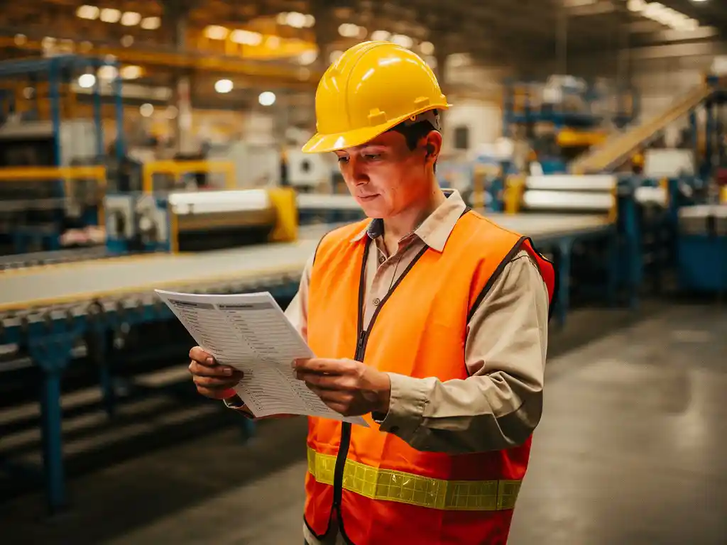 New employee in hard hat and safety vest reviewing laminated checklist on active production floor with conveyor belts in background.