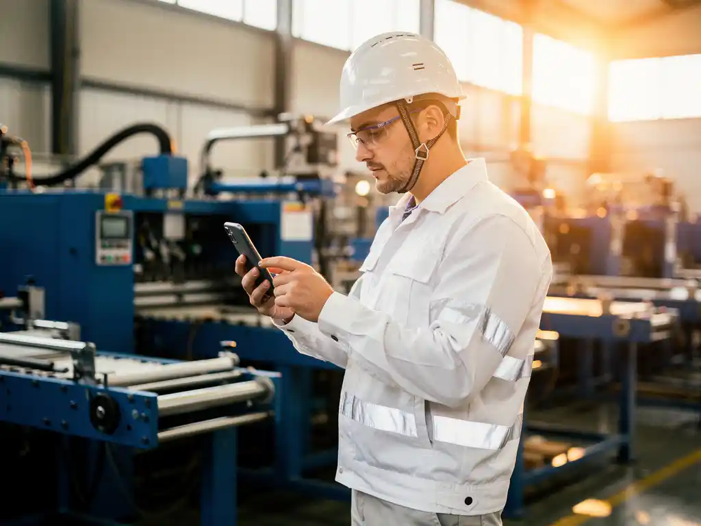 New production floor employee in safety gear following step-by-step onboarding instructions on a smartphone amid industrial assembly machinery.