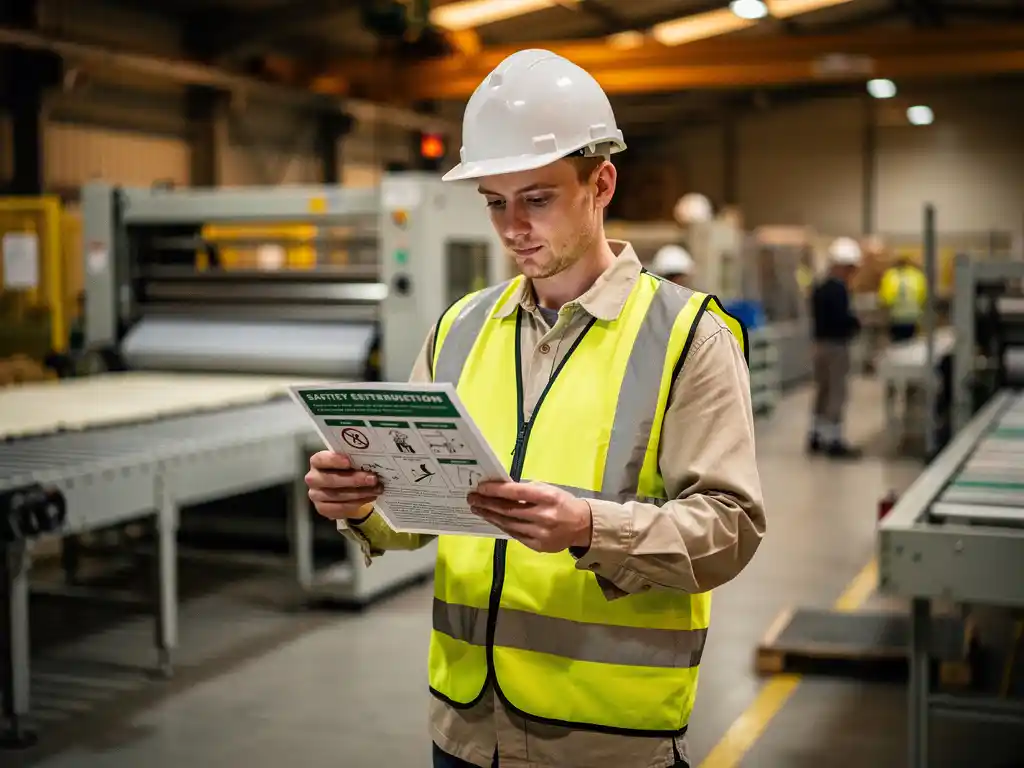 New factory employee in hard hat and high-visibility vest reading a laminated safety instruction sheet on the production floor.