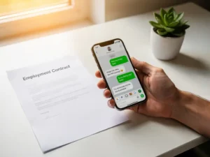 New employee holding smartphone with WhatsApp chat beside a printed employment contract and succulent on a sunlit white desk.