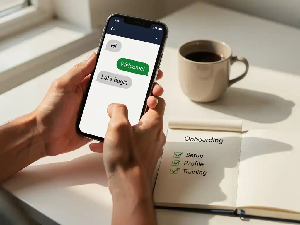 New employee reviewing a messaging app on a smartphone at a minimal desk with a notebook and coffee cup in warm natural light.