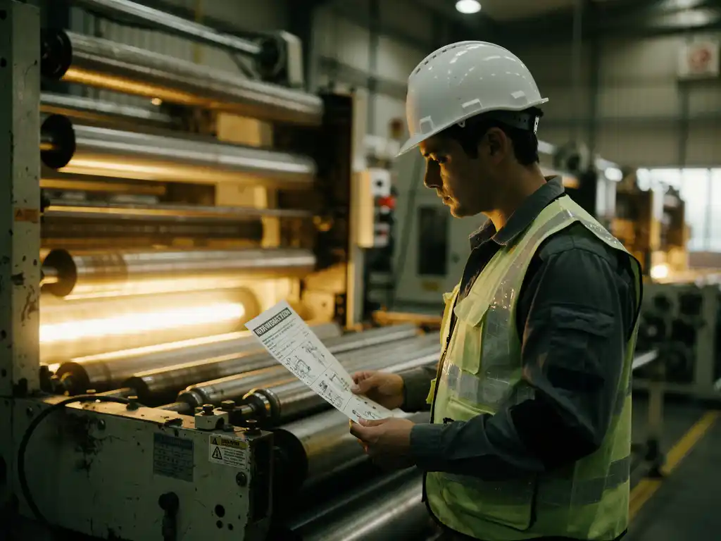 New factory employee in hard hat and safety vest reviewing work instructions beside an active assembly line.