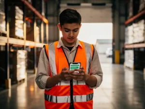 New warehouse employee in safety vest reading onboarding instructions on a smartphone near industrial shelving in a logistics facility.