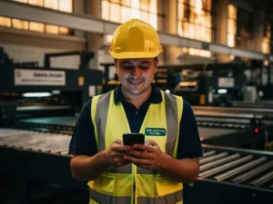 New production floor employee in a hard hat reading a WhatsApp message on a smartphone amid industrial machinery and conveyor belts.