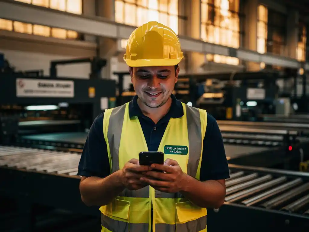 New production floor employee in a hard hat reading a WhatsApp message on a smartphone amid industrial machinery and conveyor belts.