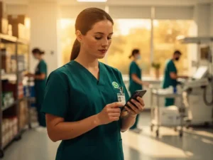 New employee in uniform reviewing a WhatsApp message on a smartphone in a modern warehouse facility with colleagues working nearby.