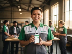 New employee viewing a WhatsApp conversation on a smartphone in a modern warehouse workspace with multicultural colleagues nearby.