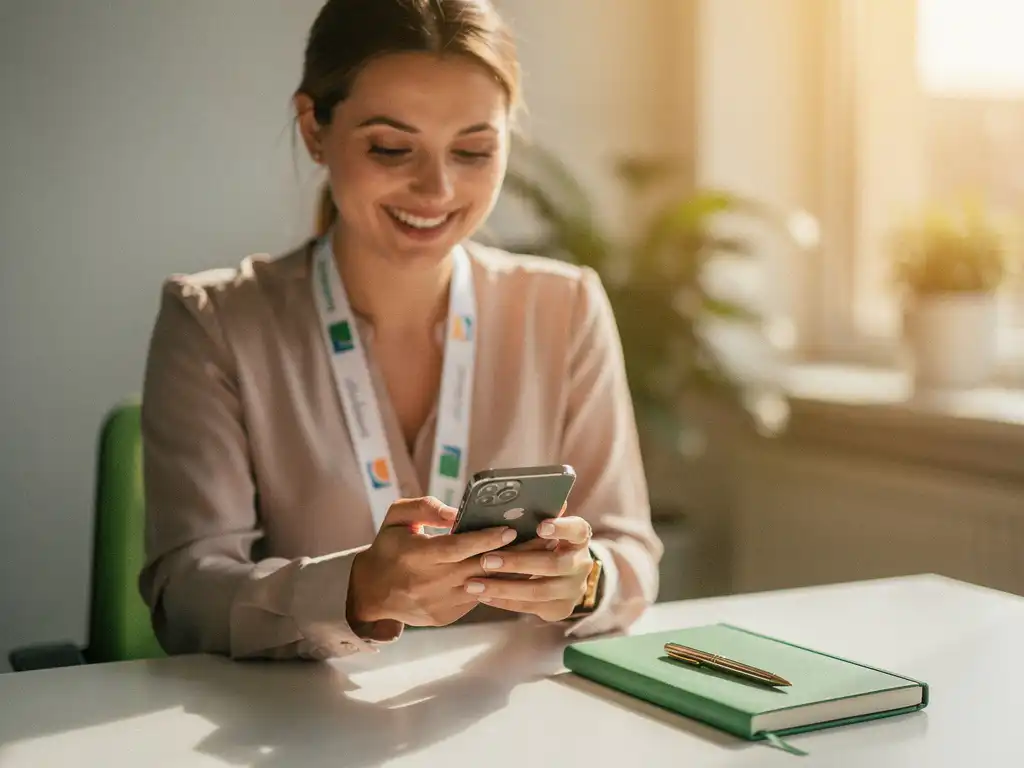 New employee smiling at a WhatsApp conversation on their smartphone, with a company lanyard and notebook on a modern desk.