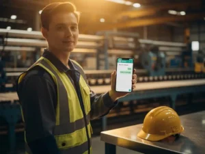 New factory employee using WhatsApp on a smartphone beside an industrial assembly line, hardhat resting on nearby metal surface.