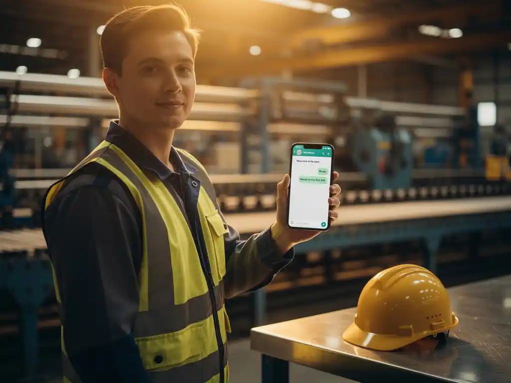 New factory employee using WhatsApp on a smartphone beside an industrial assembly line, hardhat resting on nearby metal surface.