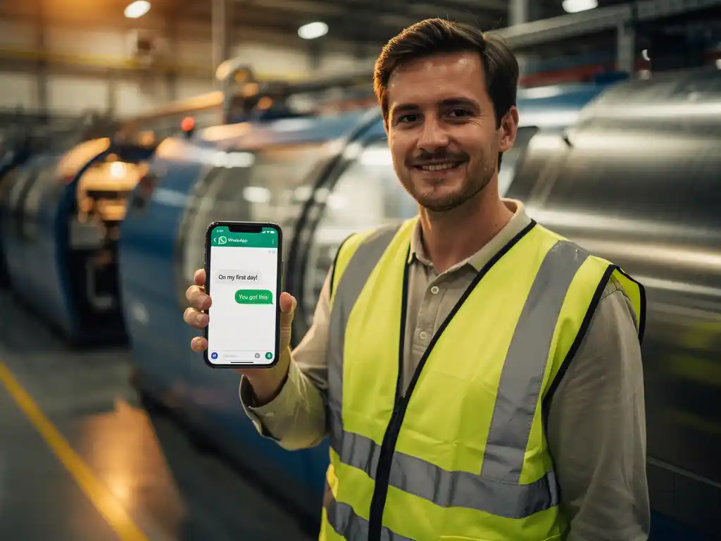 New factory employee in safety vest using WhatsApp on smartphone beside an industrial assembly line.