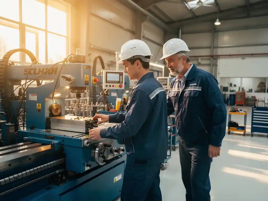 New factory worker operating industrial machinery on a manufacturing floor while a senior colleague offers guidance nearby.