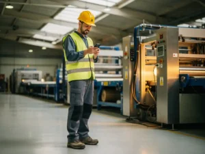 New manufacturing worker in hard hat and safety vest reviewing onboarding instructions on a smartphone on a factory floor.