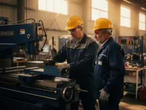 New factory worker in safety gear operating industrial machinery while an experienced colleague provides quiet support on the production floor.