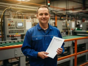 Nieuwe fabrieksmedewerker in blauw uniform met checklist op productiевloer, omringd door industriële machines en transportbanden.