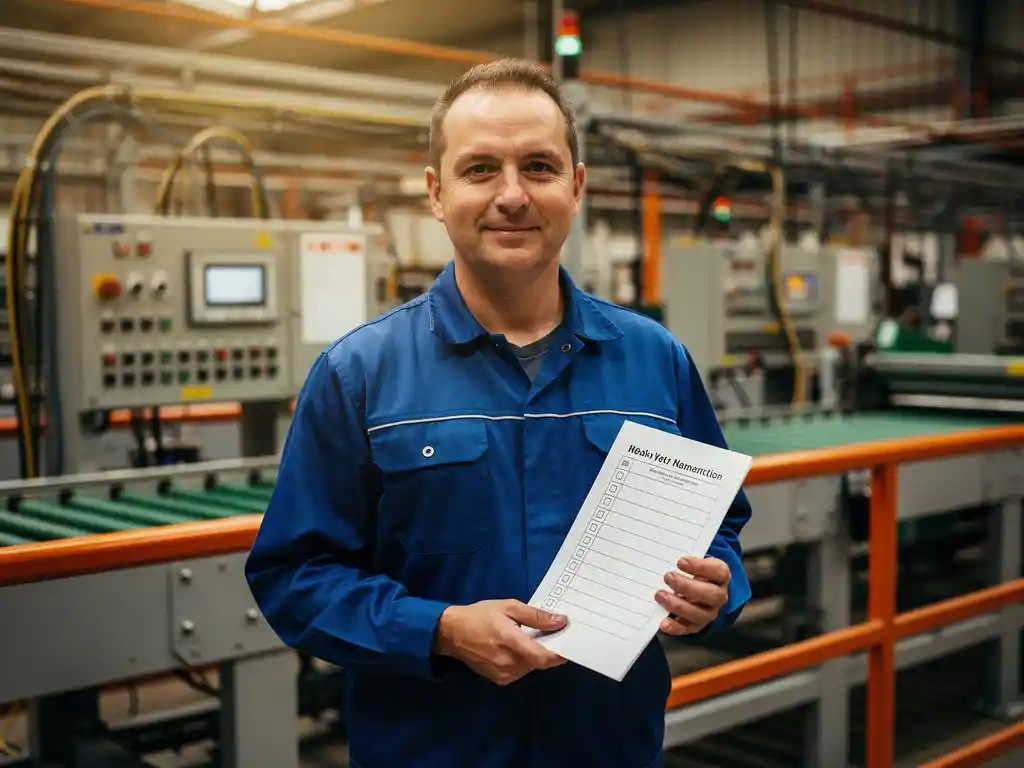 Nieuwe fabrieksmedewerker in blauw uniform met checklist op productiевloer, omringd door industriële machines en transportbanden.
