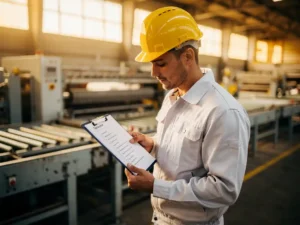 Nieuwe fabrieksmedewerker met gele helm bestudeert checklist op klembord op drukke productiевloer met industriële machines op achtergrond.