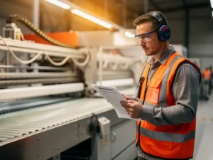 Nieuwe fabrieksmedewerker in veiligheidsvest bestudeert onboarding checklist naast een productielijn.