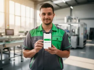 Nieuwe fabrieksmedewerker in productie-uniform met smartphone met WhatsApp-gesprek op moderne werkvloer.