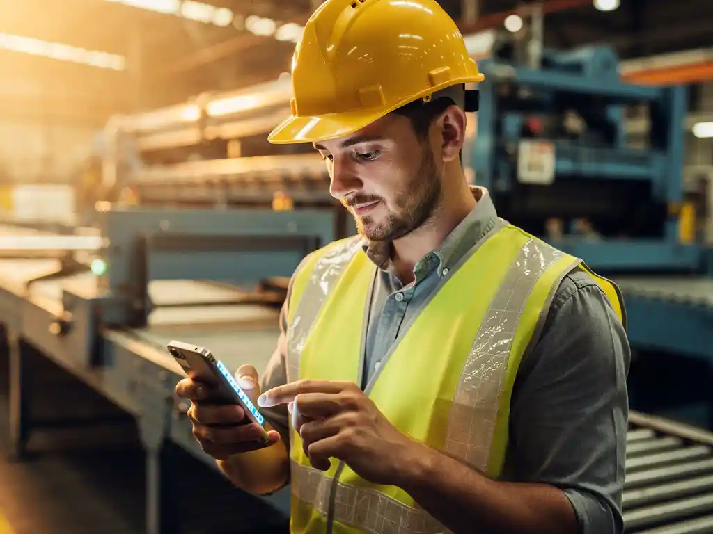 Nieuwe fabrieksmedewerker met helm bestudeert trainingsmodule op smartphone op productiefloer met machines op achtergrond.
