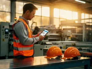 Nieuwe fabrieksmedewerker bestudeert stap-voor-stap werkinstructie op smartphone in productieomgeving, veiligheidsvest en helm op stalen werkbank.