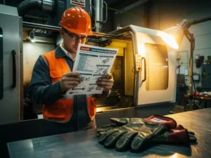 Nieuwe fabrieksmedewerker in veiligheidspak bestudeert werkinstructies naast industriële machine, veiligheidshandschoenen op stalen oppervlak.
