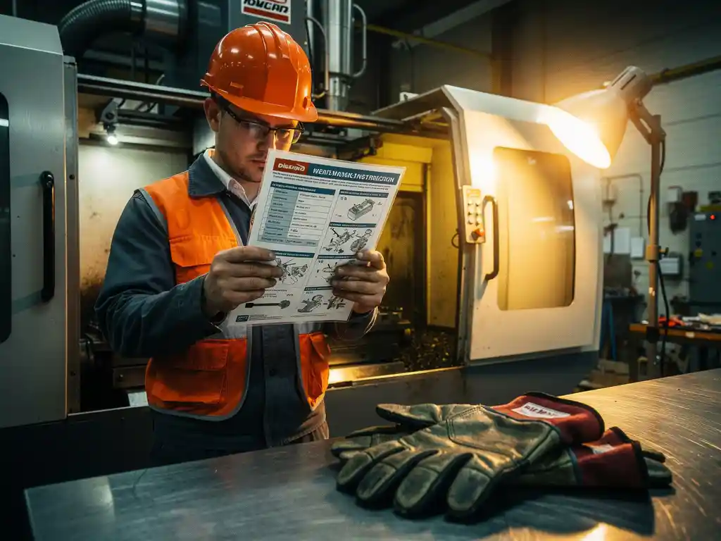 Nieuwe fabrieksmedewerker in veiligheidspak bestudeert werkinstructies naast industriële machine, veiligheidshandschoenen op stalen oppervlak.
