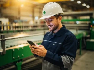Nieuwe fabrieksmedewerker met witte helm leest WhatsApp-bericht op smartphone, moderne productievloer op achtergrond.