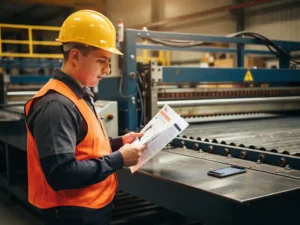 Nieuwe fabrieksmedewerker met veiligheidshelm bestudeert instructieblad naast een productielijn, smartphone op stalen werkbank.
