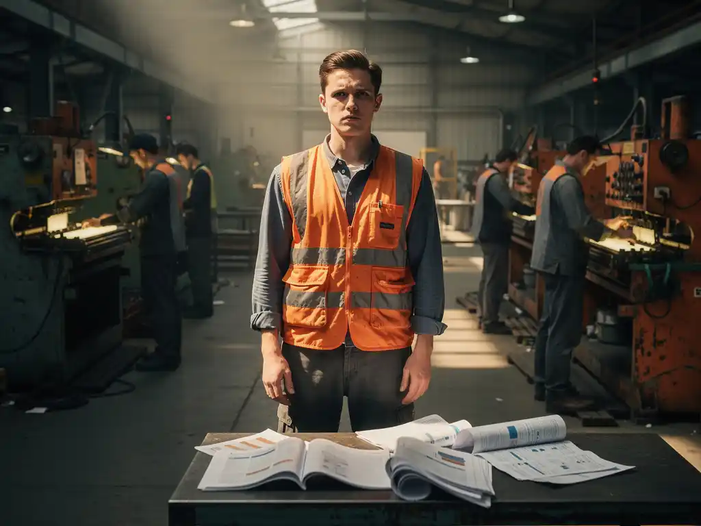Nieuwe fabrieksmedewerker in slecht passend veiligheidsvest staat onzeker tussen ervaren collega's op drukke productievloer.
