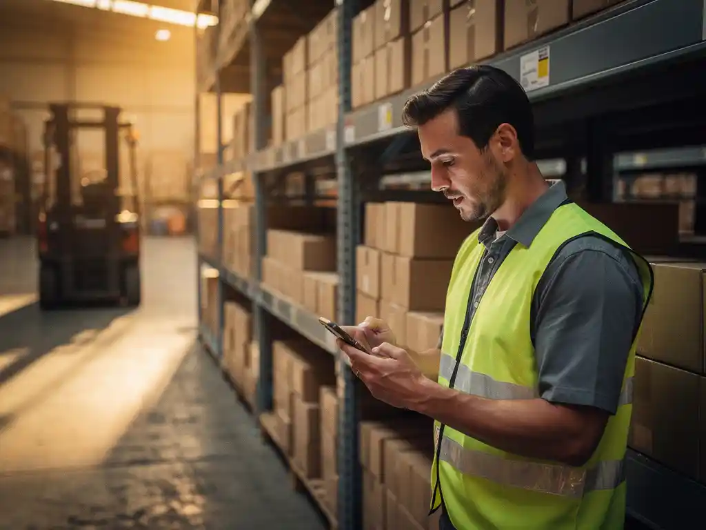 Nieuwe magazijnmedewerker in veiligheidsvest bekijkt stap-voor-stap instructies op smartphone naast metalen stellingen met dozen.