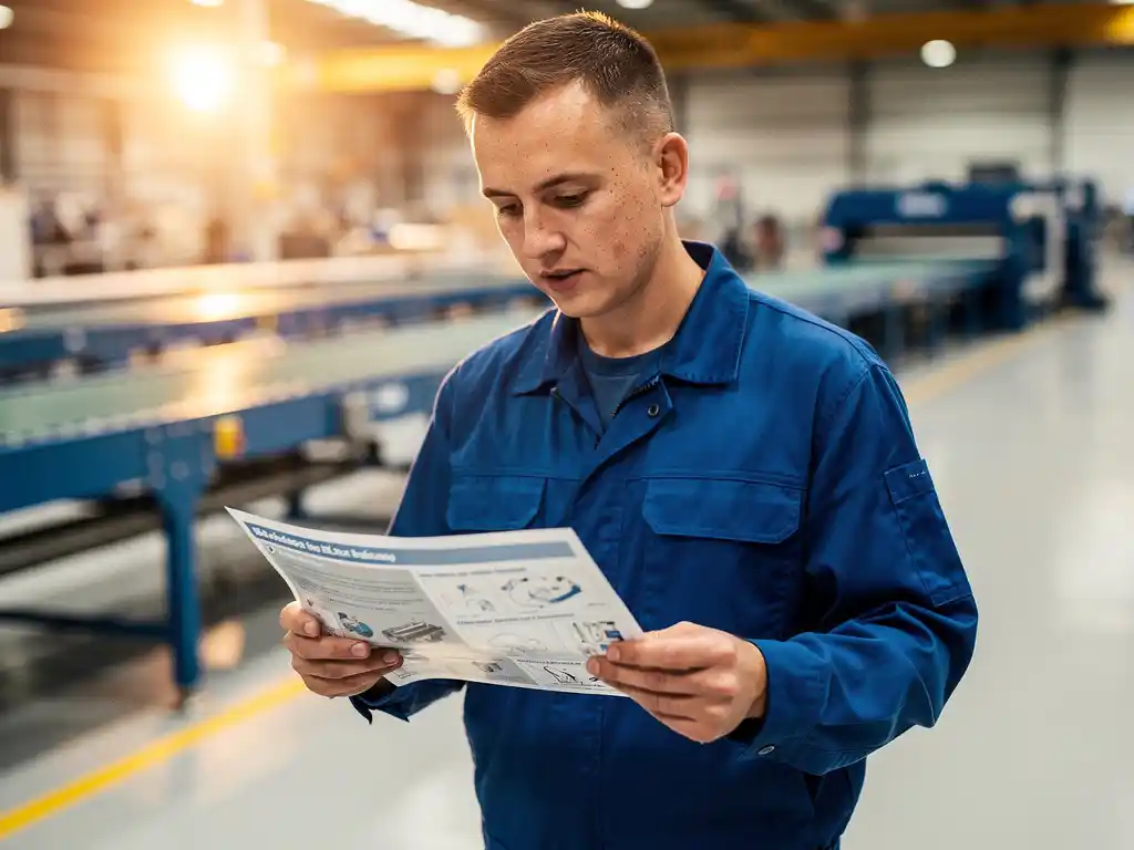 Nieuwe productiemedewerker in blauw uniform bestudeert instructieblad op drukke fabriekswerkvloer met lopende banden op achtergrond.