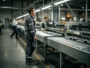 Nieuwe productiemedewerker staat onzeker naast een stilstaande assemblagelijn op een fabriekswerkvloer, supervisor loopt weg op de achtergrond.