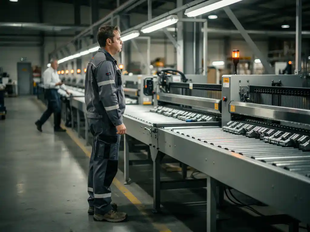Nieuwe productiemedewerker staat onzeker naast een stilstaande assemblagelijn op een fabriekswerkvloer, supervisor loopt weg op de achtergrond.