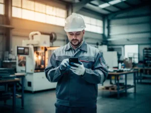 Nieuwe productiemedewerker in veiligheidsuitrusting leest stap-voor-stap instructies op smartphone tussen industriële machines.
