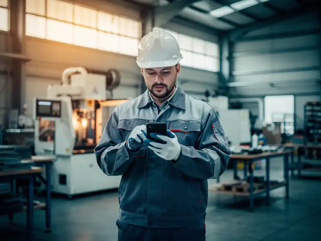 Nieuwe productiemedewerker in veiligheidsuitrusting leest stap-voor-stap instructies op smartphone tussen industriële machines.