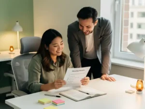 Nieuwe medewerker bekijkt inwerklijst aan modern bureau terwijl manager bemoedigend meekijkt, lichte kantooromgeving met sticky notes.