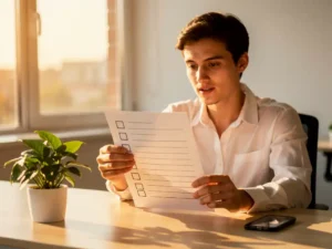 Nieuwe medewerker bekijkt onboardingchecklist aan modern bureau met groen plantje en smartphone in warm kantoorlicht.