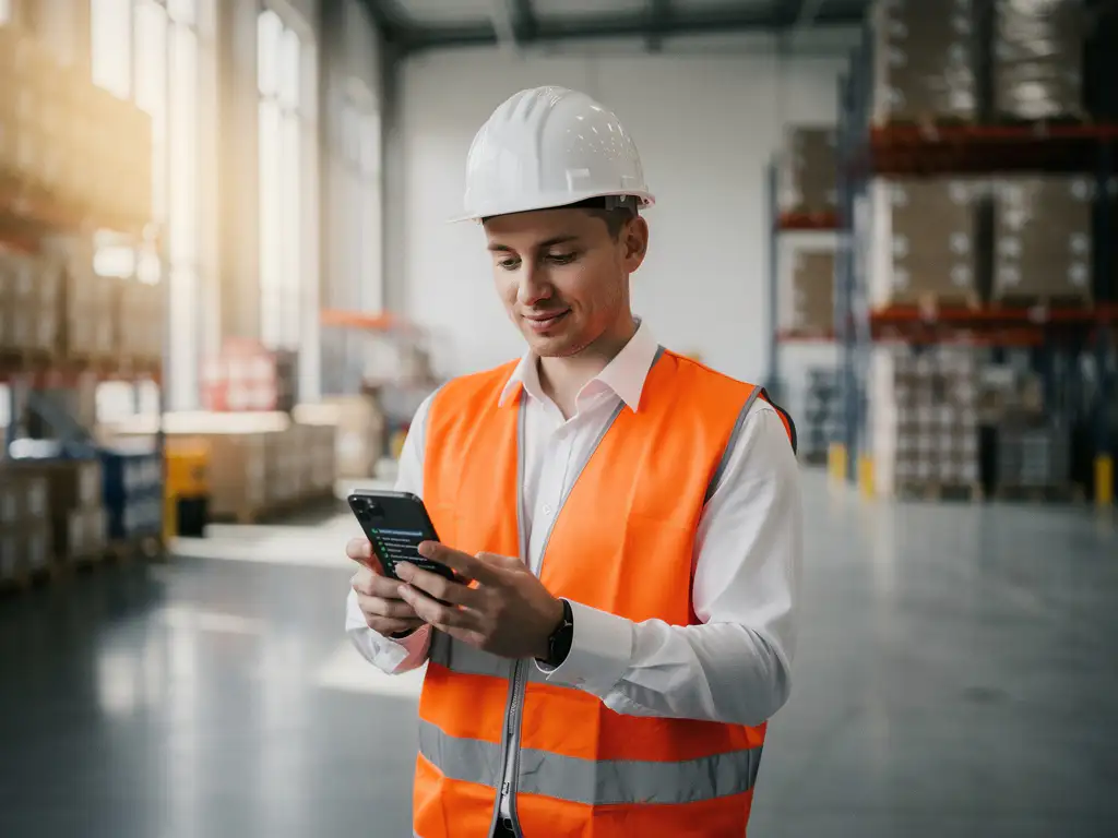 Nieuwe medewerker in veiligheidsvest en helm bekijkt onboardingchecklist op smartphone in modern Nederlands magazijn.
