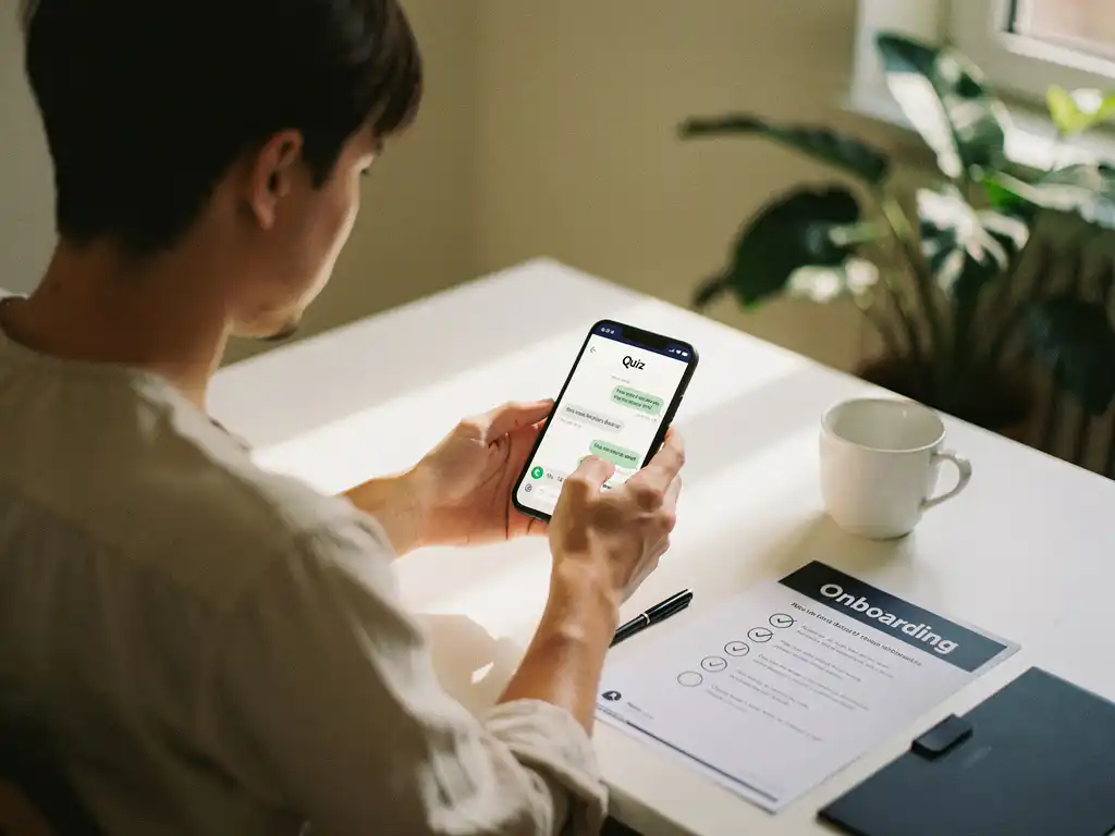 Nieuwe medewerker vult een onboarding-quiz in via een chat-app op smartphone, met ingevulde checklist en koffie op modern bureau.