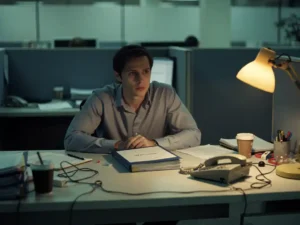 Nieuwe medewerker alleen aan rommelig onboardingbureau met gesloten welkomstmap, onbeantwoorde telefoon en koud kopje koffie onder warm amberkleurig bureaulicht.