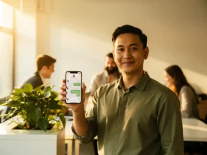 Nieuwe medewerker met smartphone in moderne, lichte werkruimte, collega's op de achtergrond, goudkleurig ochtendlicht.