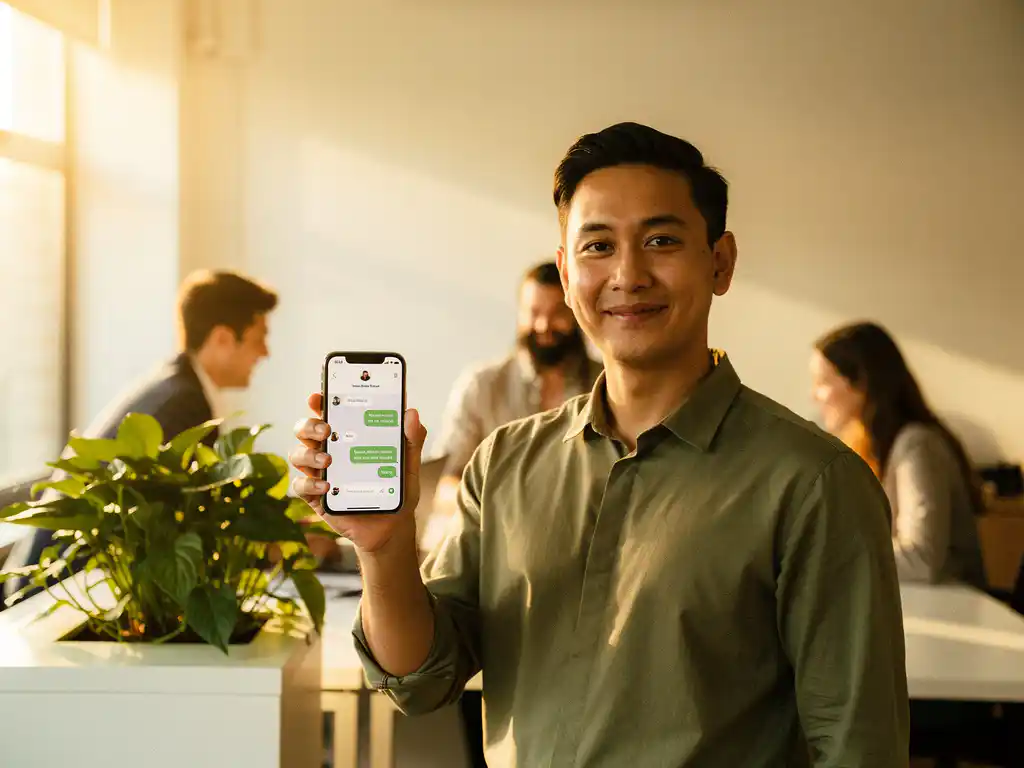 Nieuwe medewerker met smartphone in moderne, lichte werkruimte, collega's op de achtergrond, goudkleurig ochtendlicht.