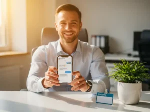 Nieuwe medewerker bekijkt welkomstchat op smartphone aan modern bureau met badge en plant, warm kantoorlicht.