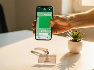 Nieuwe medewerker houdt smartphone met WhatsApp-chat vast aan modern bureau, met welkomstplantje en personeelspas in warm tegenlicht.