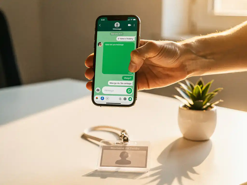 Nieuwe medewerker houdt smartphone met WhatsApp-chat vast aan modern bureau, met welkomstplantje en personeelspas in warm tegenlicht.